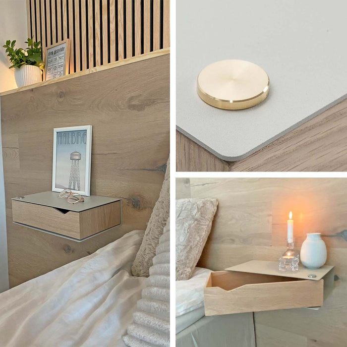 Wand-Nachttisch: 1 Stk. - BESIDE - grau mit Schublade aus Eichenholz