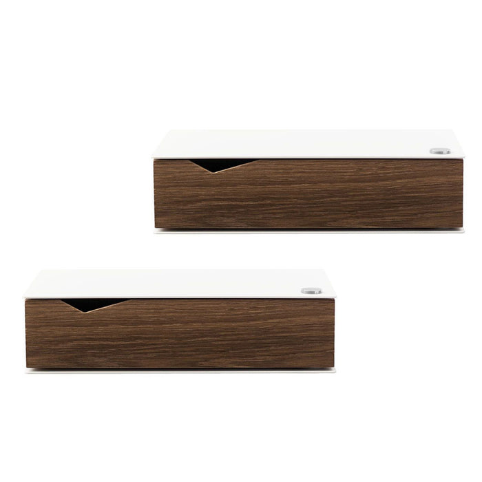 Wall-mounted bedside table: 2 pcs. - BESIDE - white with dark oak drawer