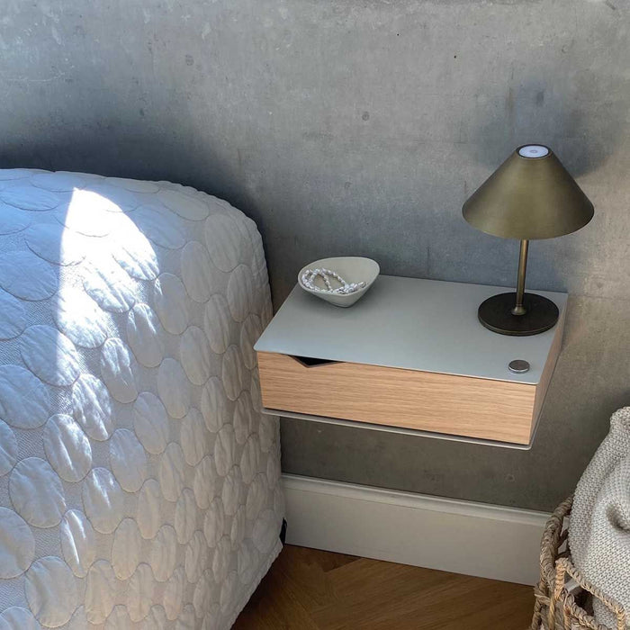 Wand-Nachttisch: 1 Stk. - BESIDE - grau mit Schublade aus Eichenholz