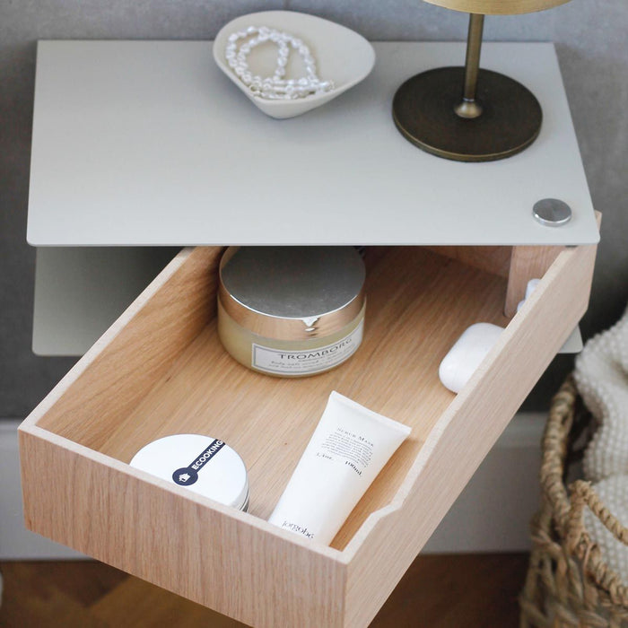 Wand-Nachttisch: 2 Stk. - BESIDE - grau mit Schublade aus Eichenholz