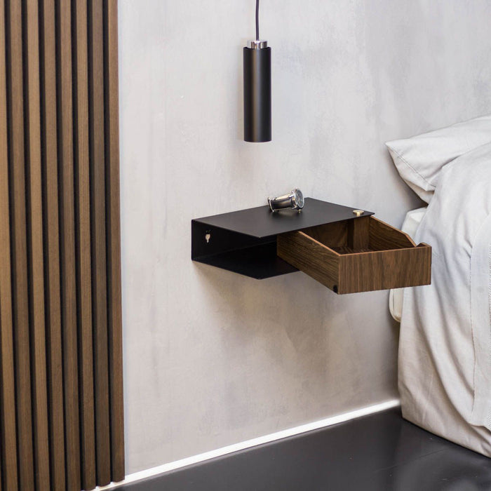 Wand-Nachttisch: 2 Stk. - BESIDE - schwarz mit Schublade aus dunkler Eiche