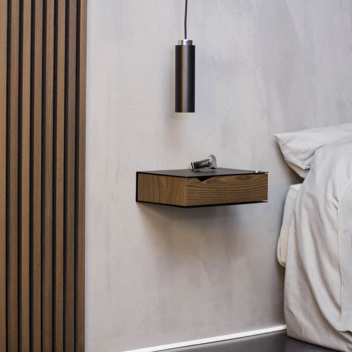 Wand-Nachttisch: 1 Stk. - BESIDE - schwarz mit Schublade aus dunkler Eiche