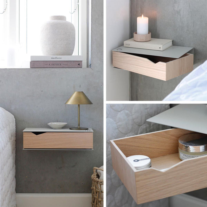 Wall-mounted bedside table: 2 pcs. - BESIDE - gray with oak drawer