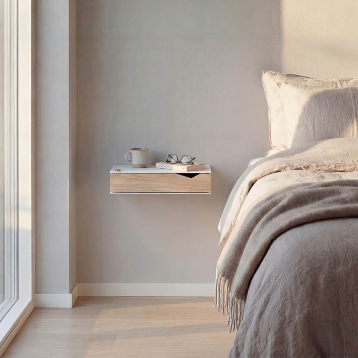 Wand-Nachttisch: 2 Stk. - BESIDE - weiß mit Schublade aus Eichenholz