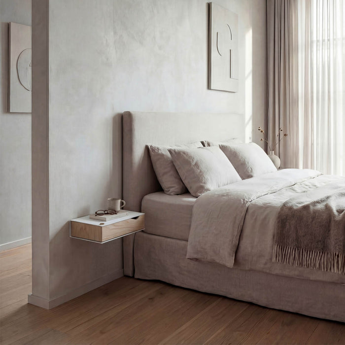 Wand-Nachttisch: 2 Stk. - BESIDE - weiß mit Schublade aus Eichenholz