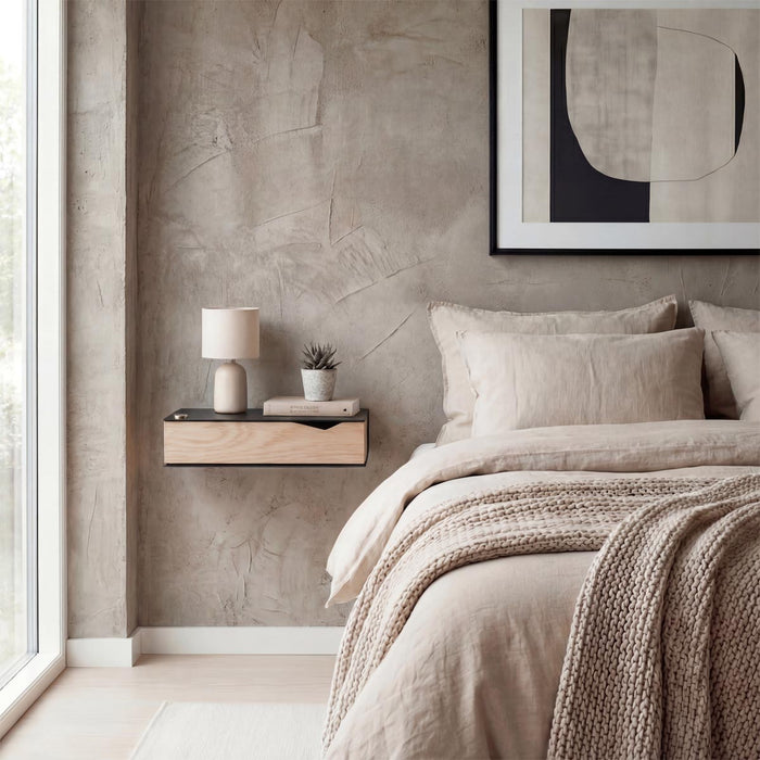 Wand-Nachttisch: 2 Stk. - BESIDE - schwarz mit Schublade aus Eichenholz