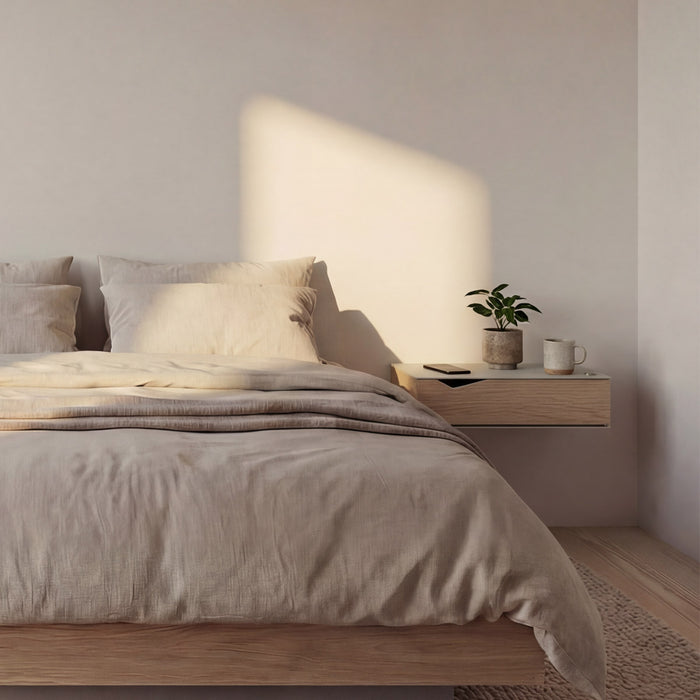 Sengeborde 2 stk. væghængt: BESIDE - grå m. egetræsskuffe