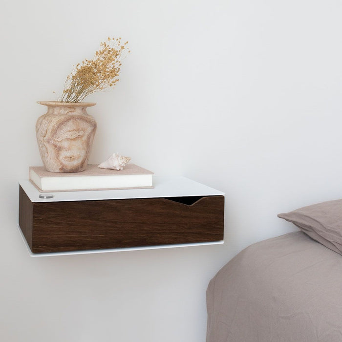 Wall-mounted bedside table: 1 pc. - BESIDE - white with dark oak drawer