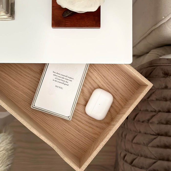 Wall-mounted bedside table: 2 pcs. - BESIDE - white with oak drawer