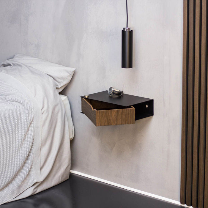Wall-mounted bedside table: 2 pcs. - BESIDE - black with dark oak drawer