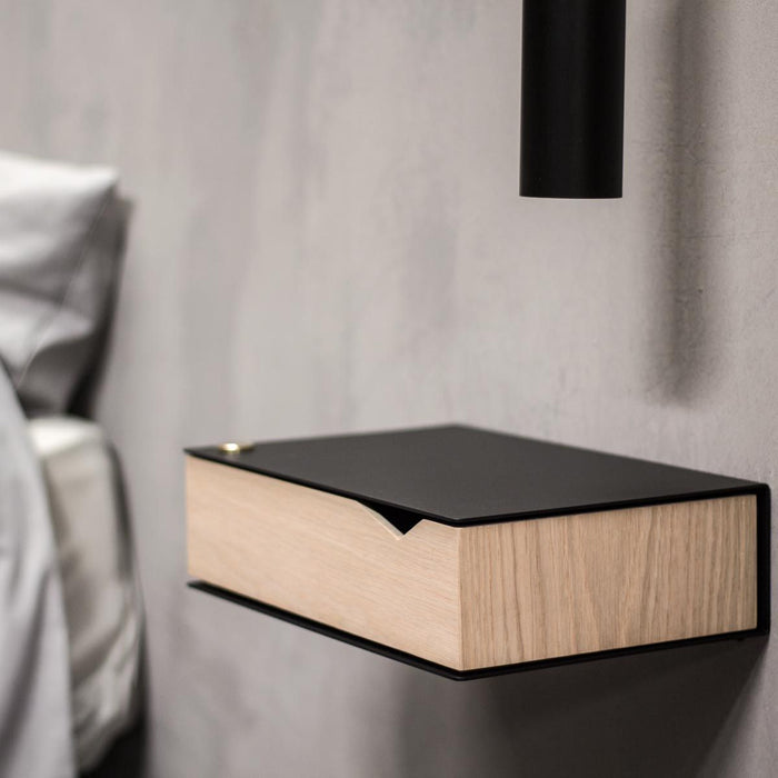 Wall-mounted bedside table: 2 pcs. - BESIDE - black with oak drawer